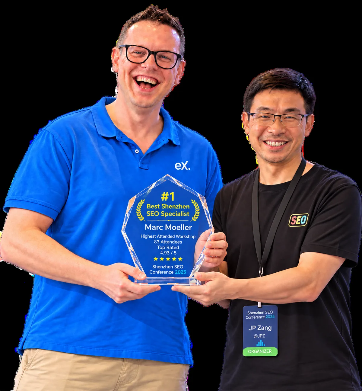Marc Moeller receives the #1 Best Shenzhen SEO Specialist award from JP Zhang, 2025